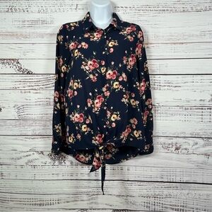 Pleione Blue Floral Button Front Tie Hem Top